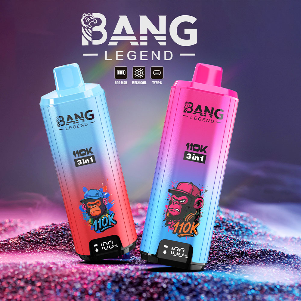 Twee kleurrijke Bang Legend 3-in-1 vape-apparaten met gradiëntblauwe en roze ontwerpen, elk met een gestileerde cartoonaapillustratie en digitaal display, staande op glittery zand onder neonverlichting.