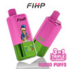 Twee FIHP-merk Wegwerp vape-apparaten met roze en groene behuizing, met een cartoon-skelet met een Mohawk en gitaar, die 3-in-1 drievoudige smaken en 60.000 suffels promoten.