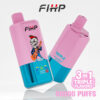 Twee roze en blauwe wegwerpapparaten met FIHP-branding, een met een cartoon-skelet die gitaar speelt en 'Blue Razz', de andere gelabelde 'Triple Strawberry Banana', met tekst die 3-in-1 triple-smaken en 60.000 trekjes benadrukt.
