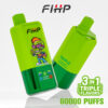 Twee felgroene FIHP vape-apparaten met drievoudige smaken, een met een cartoonschedelkarakterontwerp en de Flavours Mango, Peach, Raspberry en Watermelon, met tekst die 3-in-1 drievoudige smaken en 60.000 trekjes benadrukt.