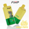 Twee gele en groene wegwerpapparaten met 'FIHP'-branding, met tropisch fruit- en drievoudige smaakopties, en tekst die 3-in-1 drievoudige smaken en 60.000 trekjes aangeeft.