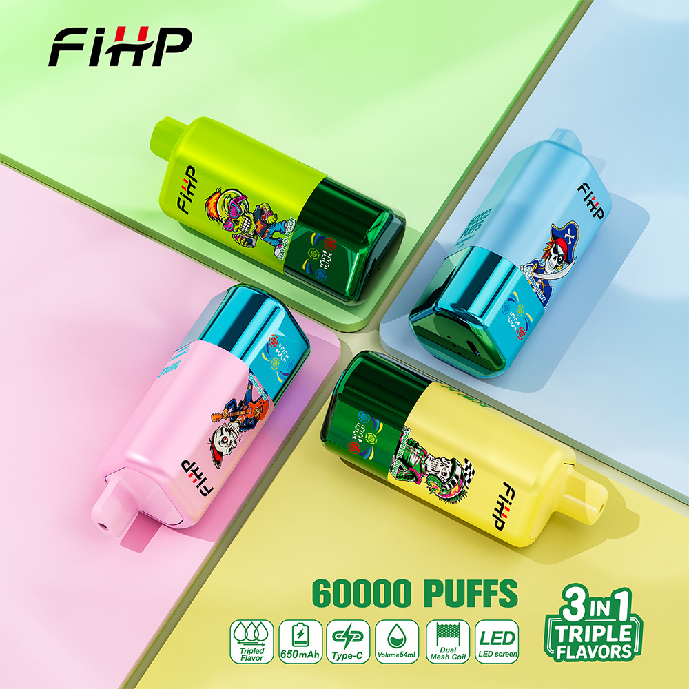 Vier kleurrijke FIHP -vapenapparaten gerangschikt op pasteloppervlakken, elk met cartoon artwork en branding, met promotietekst die "60.000 puffs" en "3 in 1 drievoudige smaken benadrukken".