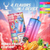 Kleurrijke advertentie voor Stagbar 4-in-1 vape-apparaat, met een gemengde fruiteditie met vier smaken-raspberry-kersijs ijs, drievoudige meloen, ananasbananen aardbei en Kiwi Passion Fruit Guava-in staat tegen een levendige achtergrond met fruitafbeeldingen en productdetails.