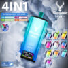 Promotionele afbeelding voor Stagbar 4in1, met een kleurrijk wegwerp-vape-apparaat met LED-display en USB-C-opladen, omgeven door illustraties van verschillende smaakedities, waaronder bosbessen, watermeloen, aardbei, kers, fruit, gemengd fruit, zomer, sap, blauw en exotisch.