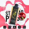 Promotionele afbeelding voor stagbar puls wegwerpvape in rode appelijssmaak, met het vape-apparaat met geel grafisch ontwerp, productfuncties pictogrammen en een close-up van rode appels met het label 35.000 trekjes.