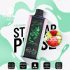 Stagbar puls vape-apparaat met neonontwerp, omgeven door promotietekst, aardbeienmaakindicatie en pictogrammen voor mesh-spoel, 30 ml capaciteit, USB-C oplaadbare, verstelbare luchtstroom en e-vloeistofscherm display.