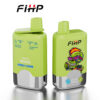 Twee Green FIHP merkapparaten VAPE -apparaten, de ene met gegevens van smaken en bladertelling details, de andere met een kleurrijke cartoonzombie -illustratie met zonnebrillen, zowel met zilveren accenten als schuine mondstukken.