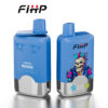 Twee blauwe FIHP merkwijdbare vape -apparaten, een met een productlabel met smaken bosbessenijs en koolzuurhoudende kers, en de andere met een kleurrijke punk -skeletafbeelding.