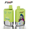 Twee groene FIHP -merkapparaten vape -apparaten, de ene weergave van smaak en bladerinformatie en de andere met een cartoonpunkschedel in een kleurrijke jas.