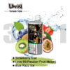 Uwin Tornado Triple Vape -apparaat met afbeeldingen van diverse fruit, waaronder aardbei, kiwi, bosbessen en passievruchtenmeloen, met smaakopties Strawberry Kiwi, Love 66 (Passion Fruit Melon) en Blue Razz Ice.