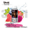 Uwin Tornado Triple Vape -apparaat met een leeuwgreep op het etiket, omgeven door bosbessen, watermeloen, aardbeien en drakenfruit, die gemengde bessen, drakenfruitijs en aardbei watermeloen bubblegum -smaken benadrukt.
