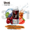 Uwin Tornado Triple Vape Product met een leeuwenbeeld op de verpakking, omgeven door kersen, aardbeien, druiven, een glas cola en spatten water, waarbij Cherry Cola, Strawberry Vanilla Cola en druivenbessenfladers worden benadrukt.