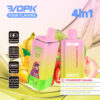 Vopk vier smaken 4-in-1 vape-apparaat getoond met tropische fruitillustraties, die zijn 650 mAh batterij, digitaal display, type-C opladen en smaakopties benadrukken: aardbeienbanaan, ananas kokosijs, mango perzik abrikoos en aloë mango melon.