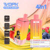 Promotionele afbeelding voor Vopk Four Slavours 4in1 Vaping Device, met twee vape -pods met perzik en roze gradiëntontwerp, omgeven door aardbeien, druiven, frambozen, frambozen en mango, met 800 kiezer- en smaakopties: aardbeienwatermeloen, cranberry -druiven, mangiolijs en aardbeienraspbessen.