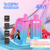 Kleurrijke Vopk 4-in-1 vape-apparaten met gradiëntroze en blauw ontwerp, met vier smaken (Love 66, Raspberry Watermelon, Aardbeien Raspberry Cherry, Cherry Candy Ice) en productkenmerken, met fruitafbeeldingen, waaronder watermeloen, kersen en frambozen op de achtergrond.