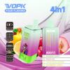 Vopk Four Flavours 4-in-1 vape-apparaat met digitaal display, 650 mAh batterij, Type-C opladen en vier e-vloeistof smaken (Rainbow Candy, Peach Ice, Lemon Sour Orange, Cranberry Lemon), getoond met geïllustreerd leeuwenkarakter en diverse fruitvisuals.