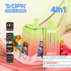 Vopk Four Flavours 4-in-1 wegwerp vape-apparaat met digitaal display, Type-C opladen, 650 mAh-batterij en 8000 trekjes, met bosbessenbroeven, Fuji Ice, Mixed Berry en Blueberry Coconut Candy Flavors, getoond met snoep en bessen op de achtergrond.