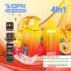 Promotionele afbeelding voor Vopk Four Flavours 4-in-1 vape-apparaat, met twee gele en rode gradiëntvape-eenheden, fruitillustraties, vloeibare spatten en productkenmerken, waaronder 8000 trekjes, 650 mAh batterij, digitaal display en vier beursgenoteerde smaken.