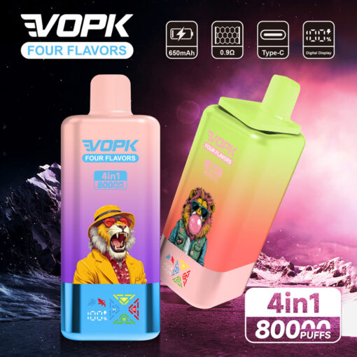 Promotional image for VOPK Four Flavors 4-in-1 disposable vape devices featuring colorful lion illustrations, product specifications like 650mAh battery, Type-C charging, 0.9Ω coil, and digital display, with a vibrant mountain background.
