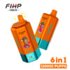 Twee oranje en blauwgroen Fihp multi-vaping-apparaten met cartoon-aap-ontwerpen, voorzien van een draaibaar mondstuk en gelabeld met '6 in 1' en '120000 trekjes'.