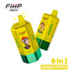 Twee felgekleurde Fihp Multi 6-in-1 vape-apparaten met cartoon-aapillustraties, productbranding, smaaknamen en een geel en groen ontwerp, met een gemarkeerde noot die '120.000 trekjes' aangeeft.