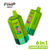 Twee groene Fihp Multi 6-in-1 wegwerpvapes met geïllustreerde aaplogo's en smaaknamen, met een draaibaar mondstuk en de tekst '120000 Puffs'.