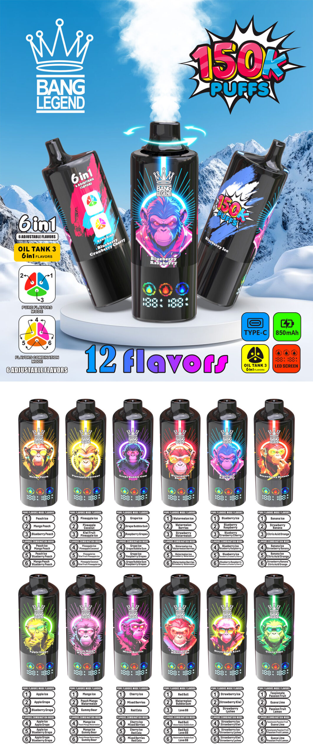 Bang Legend 150K Puffs 6in1 Disposable Vape – Switch Flavors