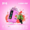 Pink Afus Lush Ice Vape Device Featured With A Digital Display, Surrounded By Watermelon Slices And Splashes On A Pink Background, Highlighting Its Flavor And Key Specifications Below.