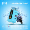 Blueberry Ice Flavored Atus Vape Device With A Digital Display And Blueberry Splash Background, Highlighting Product Features Such As 12 Flavors, 50Ml E-Liquid Capacity, Rgb Light, 2200Mah Battery, Dtl Vaping, 5% Nicotine Salt, Mesh Coil, And 12000 Puffs.