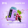 A Purple Atus Branded Disposable Vape Device Labeled 'Blackberry' With 12000 Puffs Capacity, Shown With Grapes, Ice, And Splash Effects On A Purple Background, Highlighting Grape Ice Flavor And Device Features Like Led Indicator, Rgb Light, And 2200Mah Battery.