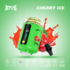 Green Afus Cherry Ice Vape Device With Cherries And Red Liquid Splash, Featuring Product Details And Icons For Flavors, Battery Size, And Technical Specifications On A Green Background.