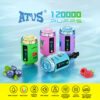 Four Colorful Atus Branded Disposable Vape Devices Displayed On A Light Blue Background, With Images Of Fruits Such As Blueberries And Raspberries Nearby, Highlighting Features Like 120,000 Puffs, Rgb Light, Large Battery Capacity, And Rotating Valve.