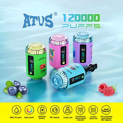 Four colorful ATUS branded disposable vape devices displayed on a light blue background, with images of fruits such as blueberries and raspberries nearby, highlighting features like 120,000 puffs, RGB light, large battery capacity, and rotating valve.