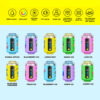 Ten Colorful Vape Devices With Flavor Names Such As Double Apples, Blackberry Ice, Lemon Mint, Mango Ice, Lush Ice, Blue Razz Lemonade, Peach Ice, Blueberry Ice, Grape Ice, And Cherry Ice Are Displayed On A Light Blue Background, Above Icons Summarizing Features Like E-Liquid Volume, Battery, And Mesh Coil.