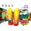 Colorful Advertisement For Bang King Vapen Triple, Featuring Two Yellow And Red Vape Devices, A Large Illustrated Eagle With Vibrant Feathers, Assorted Fruit In The Background, And Text Promoting '3 In 1 Switch' And '100K Puffs.'
