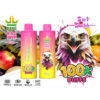 Brightly Colored Bang King Vapen Triple Vape Devices Featuring A Fierce Eagle Illustration, Surrounded By Various Fruits And Text Highlighting Product Features Like 100K Puffs, 3-In-1 Switch, And Technical Specifications.