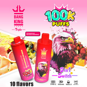 Advertisement for Bang King Vapen Triple vape featuring two red vape devices with an eagle graphic, promoting 100,000 puffs, a 650mAh battery, 18ml capacity, mesh coil, 10 flavors, 3-in-1 switchable flavors, and a push-up-and-rotate flavor switch, against a background of fruits and colorful graphics.