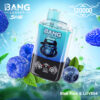 A Bang Leader Vape Device With A Gorilla Logo Is Displayed In Front Of Splashing Water, Surrounded By Blue Raspberries, Blueberries, And Green Leaves, Advertising The Flavors Blue Razz &Amp; Love66 And The Number 120000.