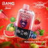 Colorful Advertisement For A Bang Leader Stoll Vape With Vivid Fruit Imagery Including Watermelon, Strawberries, Blueberries, Raspberries, And Watermelon-Themed Bubble Gum Balls, Featuring The Flavors 'Watermelon Bubble Gum &Amp; Mixed Fruit' On A Vibrant Red Background.