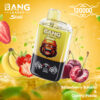 Promotional Image For Bang Leader Stoll 2-In-1 Vape Device In Strawberry Banana &Amp; Cherry Piesta Flavor, Featuring The Vape Device With A Cartoon Gorilla, Digital Display, And Surrounded By Strawberries, Bananas, And Cherries With A Yellow Background.