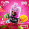Colorful Vape Device With Gorilla Logo Displayed In Front Of Watermelon, Ice Cubes, Peaches, And Mango Slices, Set Against A Vibrant Pink Background With The Text 'Bang Leader Stolt,' '120000,' And 'Watermelon Ice &Amp; Peach Mango.'