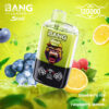 Bang Leader Stoll 2-In-1 Vape Device With A Digital Display, Illustrated With A Roaring Gorilla, Surrounded By Blueberries, Raspberries, Lemon Slices, And Ice Cubes On A Vibrant Yellow-Green Background, Labeled With The Flavors 'Blueberry Ice &Amp; Raspberry Lemon' And '120000'.