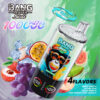 Bang Leader Stoll Vape Device Promoting 100,000 Puffs And Four Fruit Flavors Including Grape Burst, Lychee Ice, Peach Berry, And Kiwi Passion Fruit Guava, Surrounded By Images Of Ice, Lychee, Grapes, Passion Fruit, Guava, And Peach.