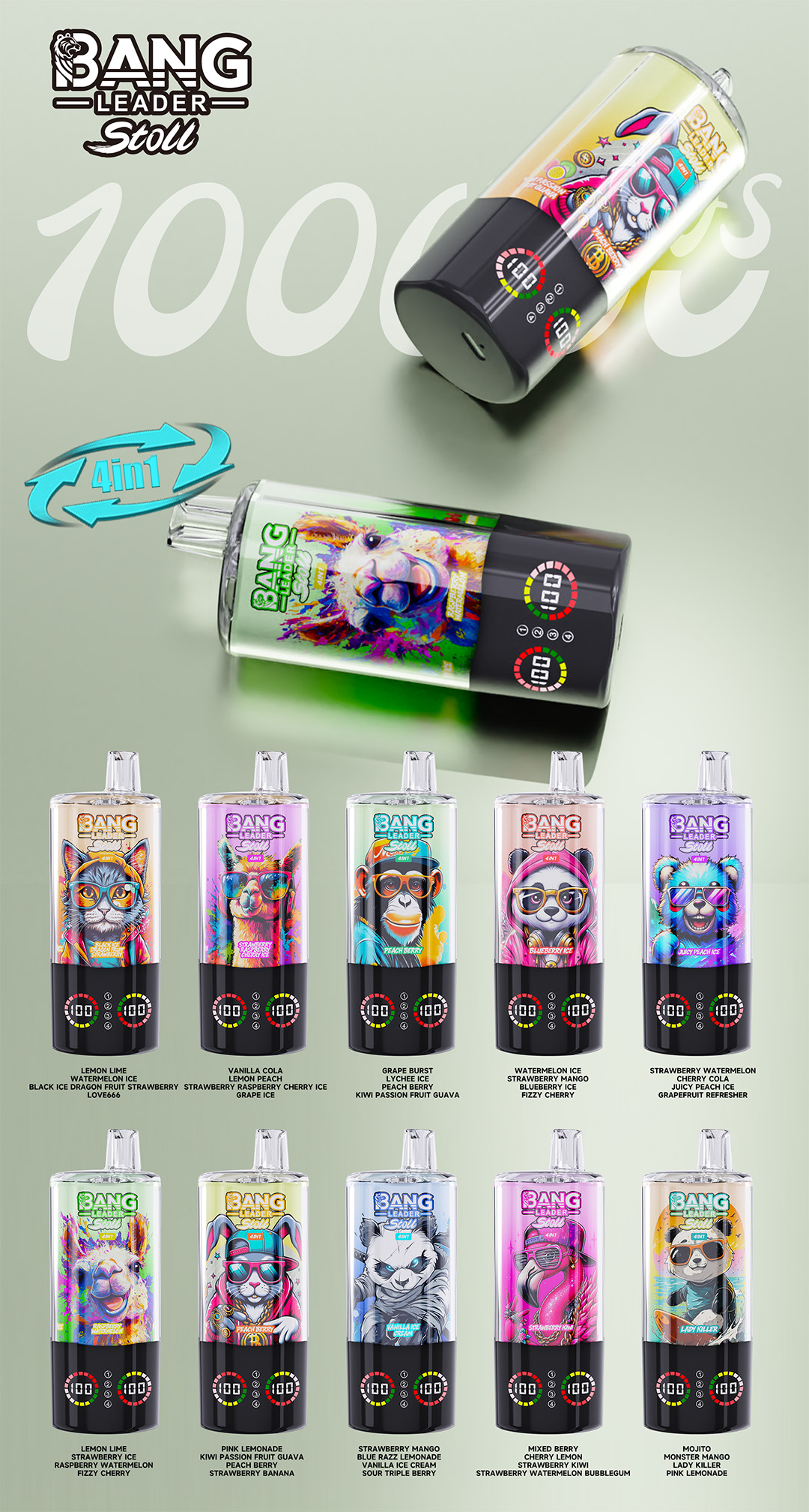 Promotional Image For Bang Leader Stoll Disposable Vaping Devices, Featuring Colorful, Cartoon-Style Animal Illustrations On Each Device And A Variety Of Flavor Names. The Devices Are Shown With Icons And Flavor Lists Below Each Illustration, Highlighting A 4-In-1 Function And 10000 Puffs. The Background Is Light Green With Layered Text And Product Images, Emphasizing The Variety And Unique Designs Of The Vapes.