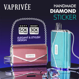 Promotional image for Vaprivée featuring two electronic devices decorated with rhinestones, one pink shaped like a purse and one blue, both with chains, highlighting their handmade diamond sticker design, puff quantities, and elegant style.